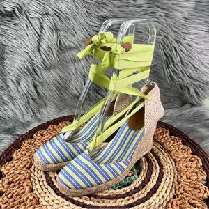 J. CREW Sz 7 Eloise Green Blue Striped Lace Up Calf Espadrille Wedge Shoes